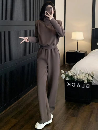 Women Sports Sets Solid Color Stand Collar Pullover Sweatshirt High Waist Wide Leg Pants Two Piece Set Spring Autumn Tracksuit