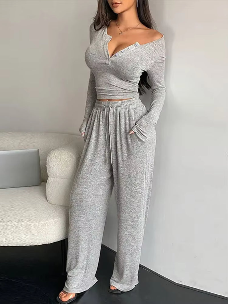 Women Top Pant Sets Sexy V-Neck Long Sleeve Shirts Loose Elastic High Waist Wide Leg Pant Sets 2025 Spring Autumn Lady Outwears