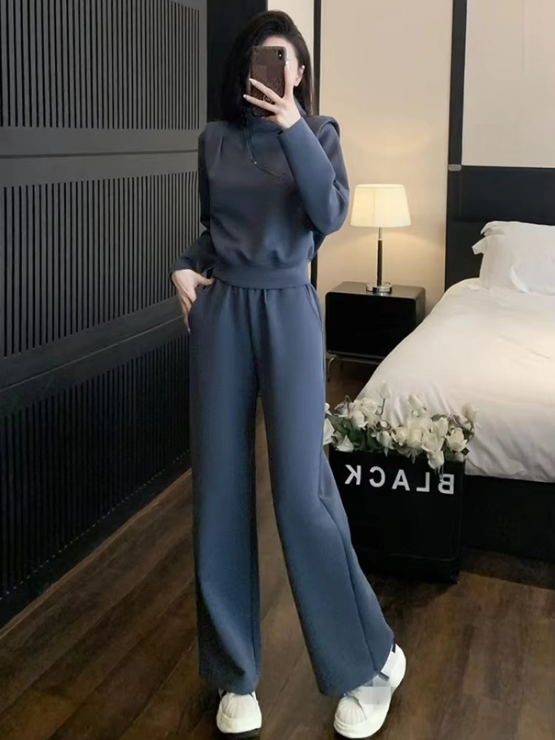 Women Sports Sets Solid Color Stand Collar Pullover Sweatshirt High Waist Wide Leg Pants Two Piece Set Spring Autumn Tracksuit