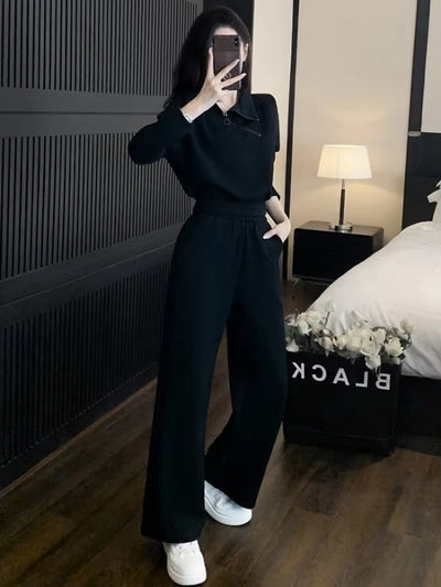 Women Sports Sets Solid Color Stand Collar Pullover Sweatshirt High Waist Wide Leg Pants Two Piece Set Spring Autumn Tracksuit