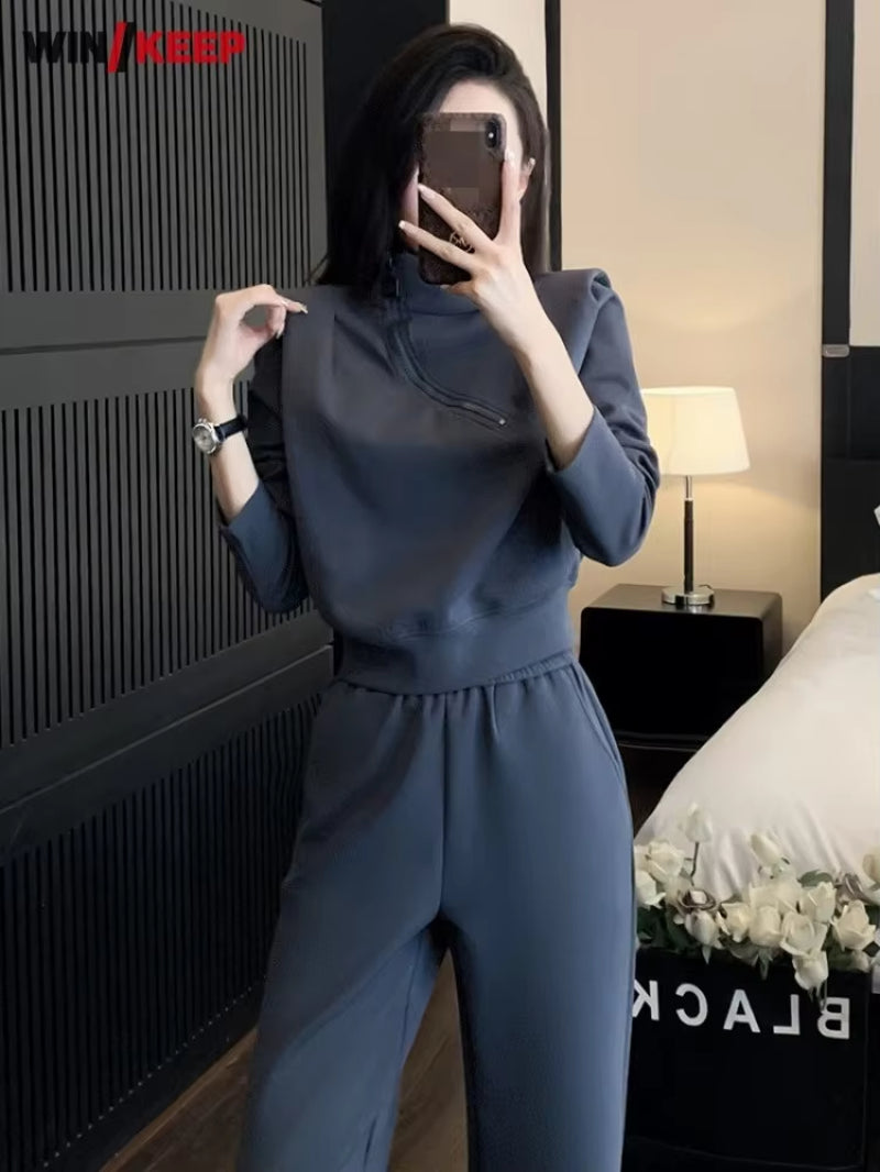 Women Sports Sets Solid Color Stand Collar Pullover Sweatshirt High Waist Wide Leg Pants Two Piece Set Spring Autumn Tracksuit