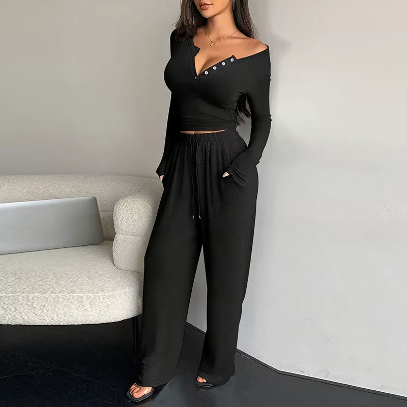 Women Top Pant Sets Sexy V-Neck Long Sleeve Shirts Loose Elastic High Waist Wide Leg Pant Sets 2025 Spring Autumn Lady Outwears